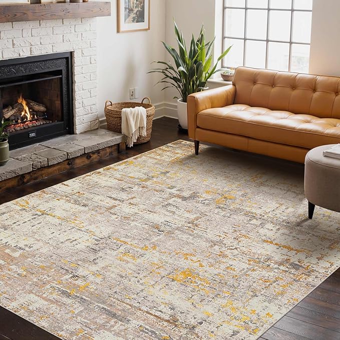 Rugxara 4x6 Rug for Living Room Bedroom, Grey Washable Throw Rugs, Abstract Area Rugs, Non Slip & Low Pile Accent Carpet for Indoor Dining Room, Kids Room and Office(Beige Gold 4x6ft)