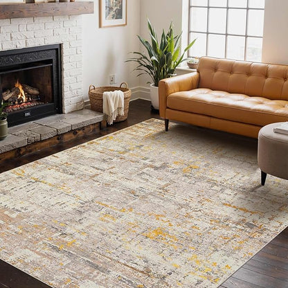 Rugxara 4x6 Rug for Living Room Bedroom, Grey Washable Throw Rugs, Abstract Area Rugs, Non Slip & Low Pile Accent Carpet for Indoor Dining Room, Kids Room and Office(Beige Gold 4x6ft)