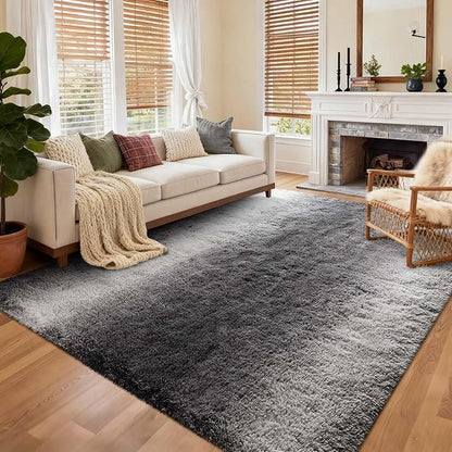 Area Rugs for Living Room, 6x9 Feet Soft Fluffy Plush Rug High Pile Non-Slip Floor Carpet for Bedroom Dorm Decor Aesthetic Grey White Gradient