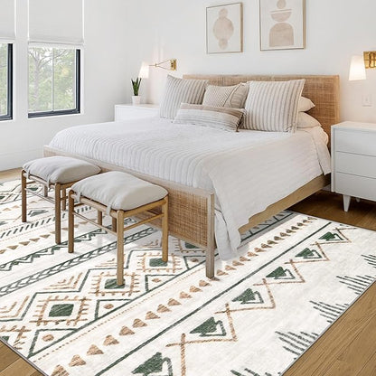 Area Rug for Living Room 10x14: Large Washable Boho Moroccan Rugs Geometric Neutral Rug, Non-Slip Foldable Morden Farmhouse Indoor Floor Carpet for Bedroom Dining Room Home Office（Brown Green,10'x14'）