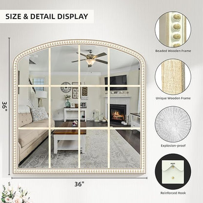 HOITUZYUS 36x36 Inch Wooden Wide Arched Mirrors for Wall with Window Girds, Large Farmhouse Decorative Mirror for Living Room, Entryway, Hallway, Fireplace, Bathroom