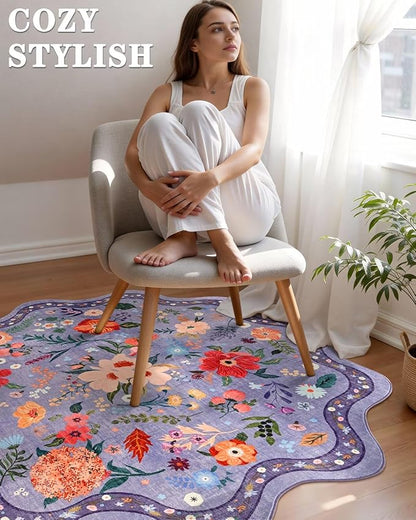 Macgace Purple Round Rug for Girls Bedroom, 4ft Machine Washable Floral Area Rugs with Non Slip Backing, Cute Flower Carpet Kitchen Living Room Kids Playroom Decor