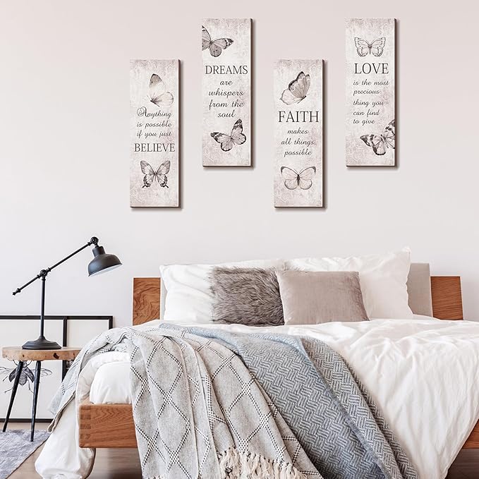 Qunclay 4 Pcs Inspirational Butterfly Wall Signs 16 x 5 Inch Rustic Wooden Wall Decor with Believe Faith Dream Love Quotes for Bathroom Bedroom Living Room Home Decor