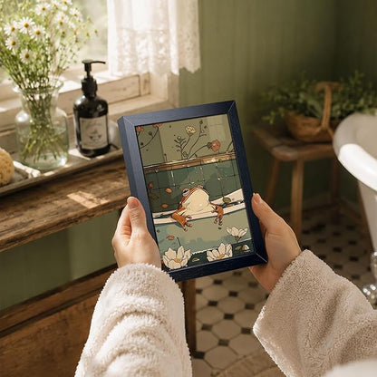 Funny Frog Bathroom Canvas Wall Art, Cute Japanese Frog in Toilet Wall Decor Painting, Whimsical Animal Restroom Canvas Prints Poster 8x10 Inch Framed