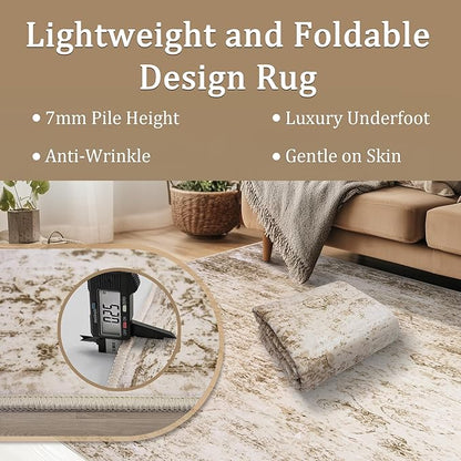 8x10 Area Rug Living Room Rugs - Washable Rug Large Modern Abstract Soft Thin Carpets Indoor Floor No Slip Vintage Carpet for Bedroom Under Dining Table Nursery Home Office Decor Beige