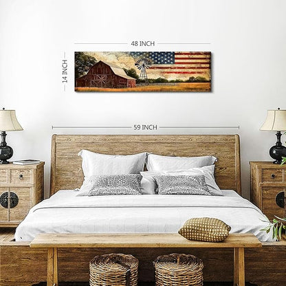 Farmhouse Barn Wall Art Vintage Western Wall Decor Country Windmill Pictures for Kitchen Living Room, Old Barn Landscape Canvas Painting America Flag Poster Prints Artwork Cabin Decoration 14x48”
