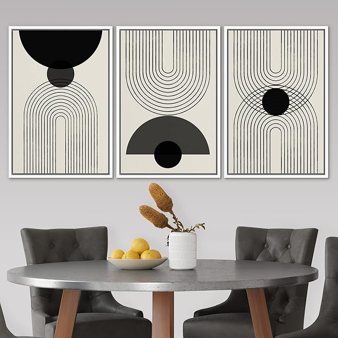 SIGNLEADER Framed Canvas Print Wall Art Black Semi-Circle an Line Parabola Abstract Shapes Illustrations Modern Art Minimalist Edgy Black and White for Living Room, Bedroom, Office - 16"x24"x3 WHITE