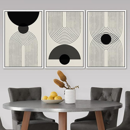 SIGNLEADER Framed Canvas Print Wall Art Black Semi-Circle an Line Parabola Abstract Shapes Illustrations Modern Art Minimalist Edgy Black and White for Living Room, Bedroom, Office - 16"x24"x3 WHITE