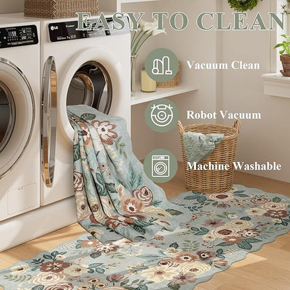 DUKINO 6x9 Area Rug, Floral Washable Rugs for Living Room with Non Slip Backing & Non-Shedding, Lightwight Low Pile Boho Design Large Carpets for Bedroom, Living Room, Dining Room, Sage Green