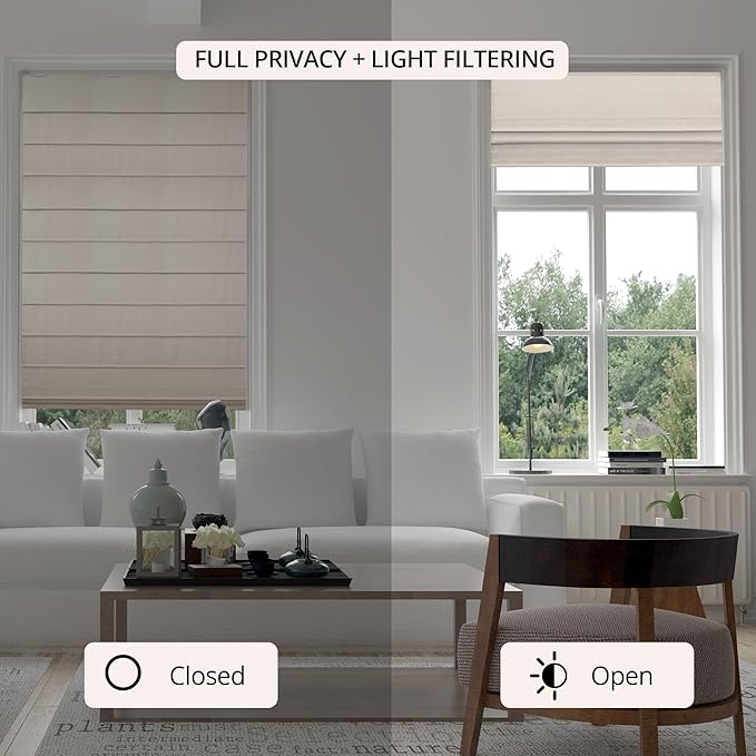 CHICOLOGY Cordless Roman Shade for Windows & French Doors, Ridgewood Cream, Privacy + Light Filtering Linen Look Fabric w/ White Liner, True to Size, Inside/Outside Mount, 27" W x 72" H