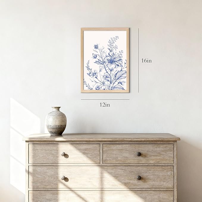 Blue Floral Canvas Wall Art, Blue Line Flower Wall Decor, Blue White Chinoiserie Wildflower Pictures Prints Minimalist Botanical Artwork for Bedroom Living Room Bathroom Kitchen 12x16 in Framed