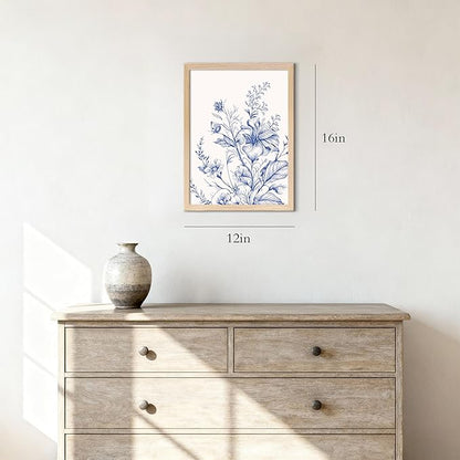 Blue Floral Canvas Wall Art, Blue Line Flower Wall Decor, Blue White Chinoiserie Wildflower Pictures Prints Minimalist Botanical Artwork for Bedroom Living Room Bathroom Kitchen 12x16 in Framed