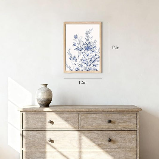 Blue Floral Canvas Wall Art, Blue Line Flower Wall Decor, Blue White Chinoiserie Wildflower Pictures Prints Minimalist Botanical Artwork for Bedroom Living Room Bathroom Kitchen 12x16 in Framed