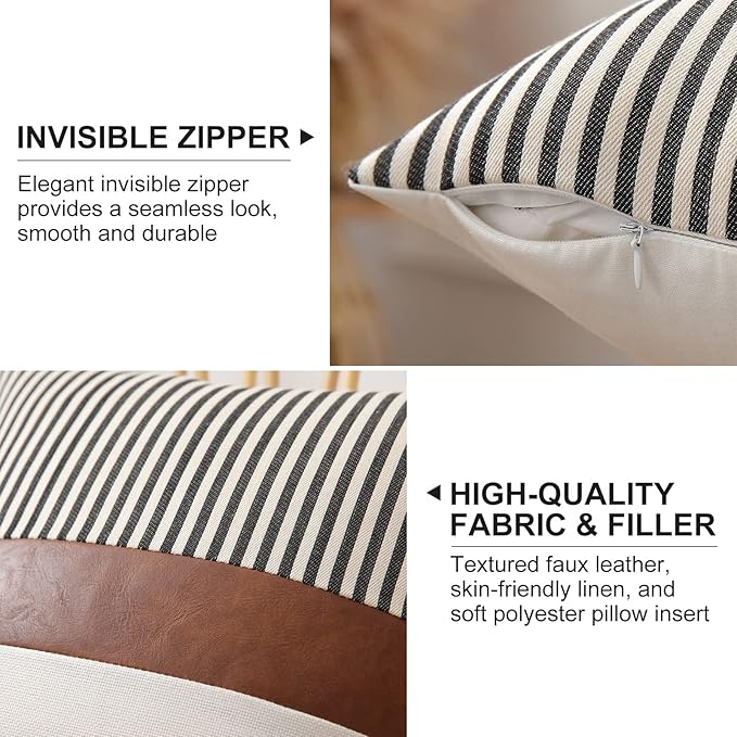 Mecatny Set of 2 Faux Leather Throw Pillows 18x18 with Inserts, Boho Striped Farmhouse Outdoor Pillows, Decorative Accent Cushions for Couch, Patio & Living Room, Black