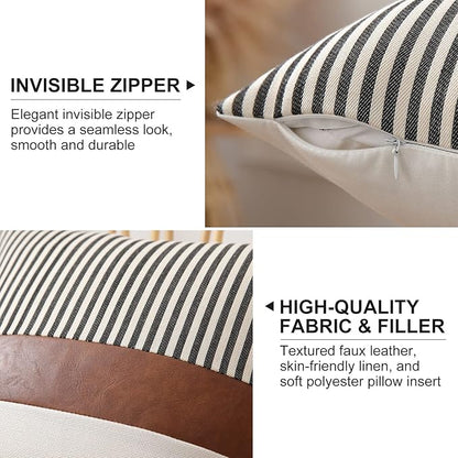 Mecatny Set of 2 Faux Leather Throw Pillows 18x18 with Inserts, Boho Striped Farmhouse Outdoor Pillows, Decorative Accent Cushions for Couch, Patio & Living Room, Black