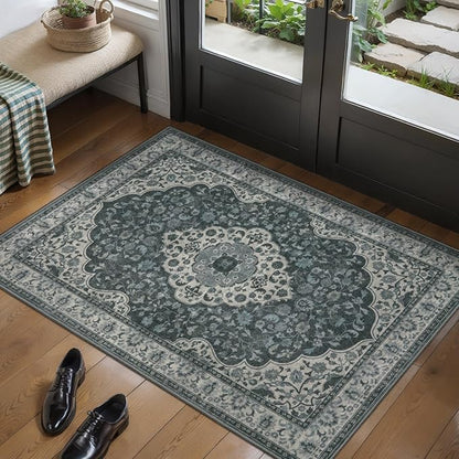 Tangsoo Vintage 2x3 Small Area Rug for Entryway,Washable Non-Slip Rubber Backing Indoor Mat,Grey Green Soft Low Pile Front Door Carpet for Bedroom Front Porch Entrance Kitchen
