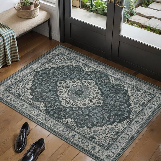 Tangsoo Vintage 2x3 Small Area Rug for Entryway,Washable Non-Slip Rubber Backing Indoor Mat,Grey Green Soft Low Pile Front Door Carpet for Bedroom Front Porch Entrance Kitchen