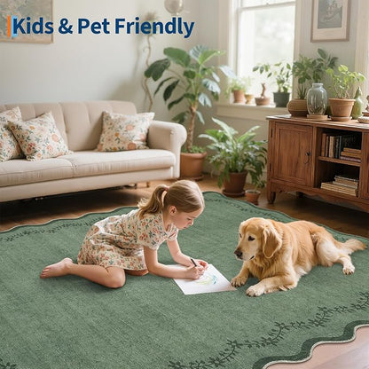 GarveeHome 3x5 Scalloped Washable Area Rug for Bedroom,Soft Solid Dark Green Entryway Rug Farmhouse Kitchen Mat Non Slip Low Pile Carpet Stain Resistant Throw Rug for Bedside Kids Room