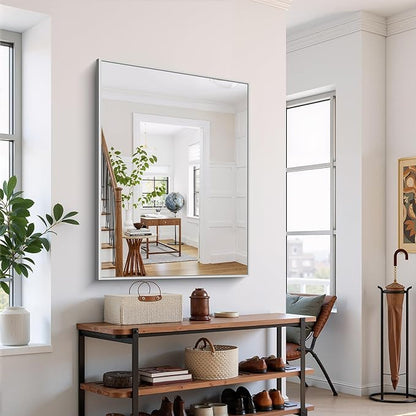 YIROMAN Bathroom Mirror 48"x36", Large Brushed Silver Bathroom Mirror for Over Sink with Aluminum Frame, Rectangular Vanity Mirror with Right Angle, Wall Mirror Hangs Horizontal or Vertical