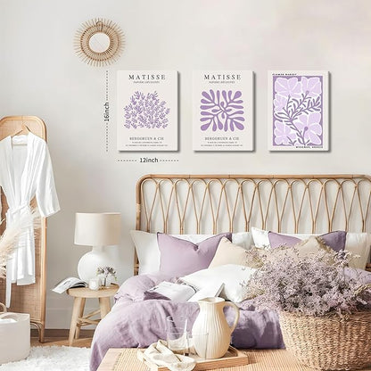 Framed Purple Matisse Wall Art Set of 3, Abstract Henri Matisse Canvas Wall Decor Paintings, Light Purple Flower Market Room Aesthetic Posters Prints for Living Room Bedroom Bathroom 12x16 In