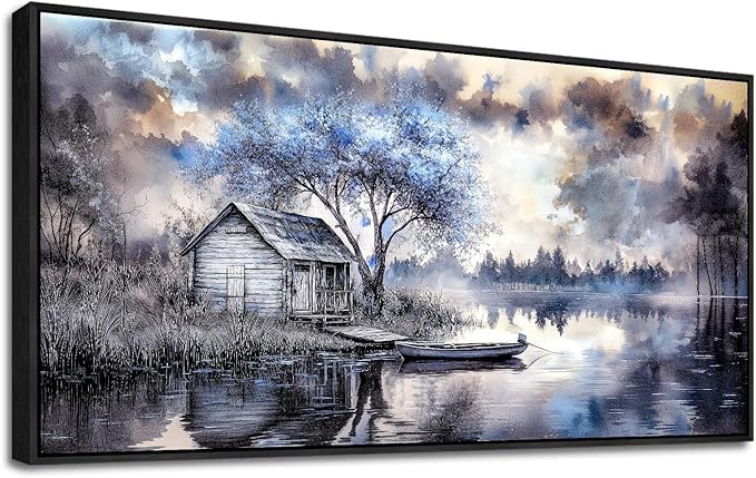 ERQINHUA Large Wall Art For Living Room Canvas Home Wall Decor For Office Bedroom Dining Room Wall Pictures Blue Tree Lakeside Landscape Painting Modern Art Print Beach Posters 24"x48" Black Frame