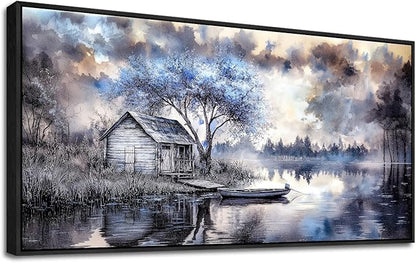 ERQINHUA Large Wall Decor For Living Room Canvas Wall Art For Office Bedroom Blue Tree Lakeside Landscape Painting Black Frame Artwork Pictures Modern Beach Posters Ready To Hang Home Decor 30"x60"