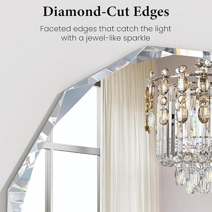 30 Inch Large Faceted Round Wall Mirror, Diamond-Beveled Circle Bathroom Mirror with Solid Backing, Big Sparkle Decor Mirror for Living Room, Fireplace & Master Vanity