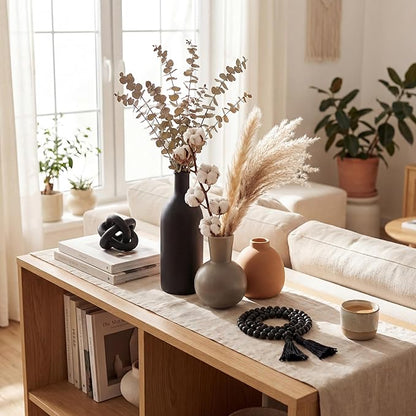 5 Pieces Country Style Ceramic Vase Set Table Centerpieces for Living Room 3 Pcs Bohemian Style Ceramic Vases with Wood Knot Chain Rings, Wooden Bead Garland Tassel Table Decor(Black)