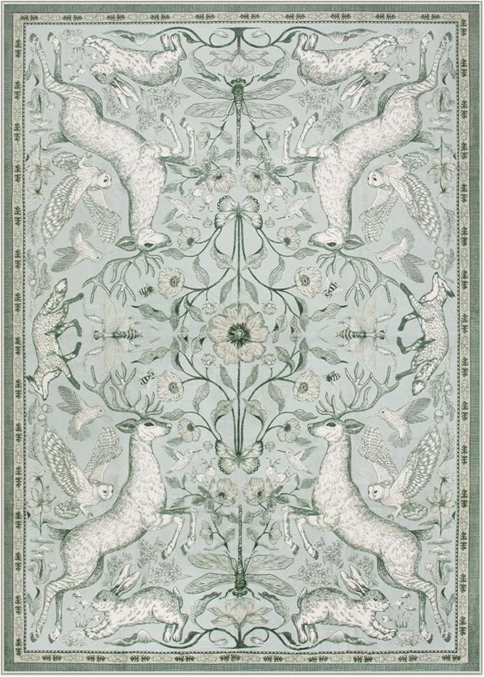 Lahome 5x7 Washable Deer Rug, Dorval Boho Woodland Botanical Area Rug, Non Slip Low Pile Soft Light Green Carpet for Living Room Bedroom Nursery Dining Room Home Office Decor