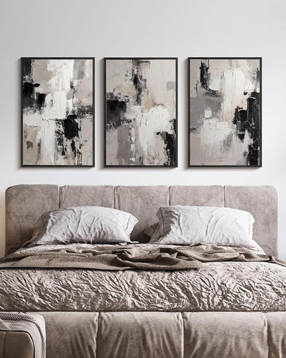 Modern Neutral Abstract Canvas Wall Art Set of 3, Extra Large Black White Gray Triptych Hand Painted Artwork 24x36, Solid Wood Framed Contemporary Minimalist Living Room Bedroom Office Decor