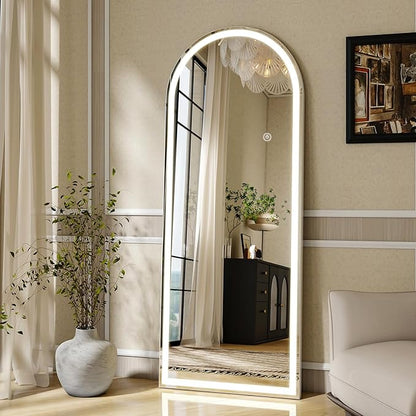 LED Arched Full Length Mirror with Lights 63"x20" - Lighted Floor Mirror with Dimming & 3 Color Lighting, Aluminum Frame Standing Leaning or Hanging for Bedroom Cloakroom White