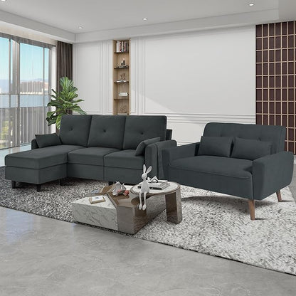 Convertible Sectional Couch Set, 77" L Shaped Sofa with Ottoman and 48" Loveseat, Modern Couches for Living Room, Apartment and Office, Dark Grey