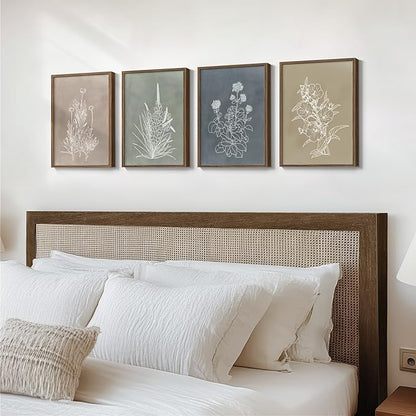 Framed Boho Botanical Wall Art for Living Room, 4 Piece Rustic Floral Canvas Painting Prints, Vintage Minimalist Neutral Flower Artwork for Modern Farmhouse Bedroom Dining Room Office Wall Decor