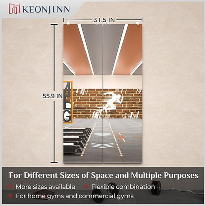 Keonjinn 56 x 16 Inch Gym Mirror for Wall, Workout Mirrors Full Length for Fitness, Wall Mounted Frameless Mirrors for Dance Studio, Garage, Home Gym Oversized Activity Mirror, 2 PC