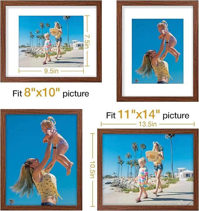 Vittanly 11x14 Picture Frames Set of 9, Display 8x10 Pictures with Mat or 11x14 without Mat, Photo Frames for Wall or Tabletop with Plexiglass, Engineered Wood, Wood Grain Brown