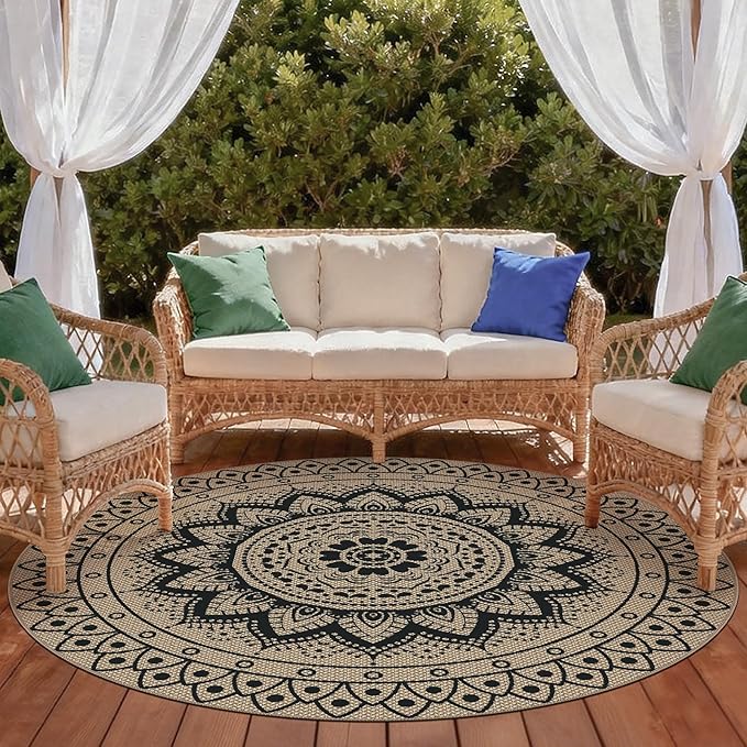 Easy Jute Outdoor Round Rug, 6ft Washable Indoor Outdoor Patio Rug, Black Non Slip Round Area Rug Farmhouse, Boho Carpet for Backyard Patio