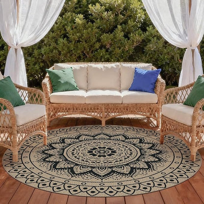 Easy Jute Outdoor Round Rug, 6ft Washable Indoor Outdoor Patio Rug, Black Non Slip Round Area Rug Farmhouse, Boho Carpet for Backyard Patio