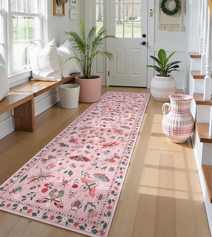 Lahome Insect Hallway Runner Rug, 2'5''x8' Ultra-Thin Washable Runners for Hallways Kitchen, Soft Laundry Room Rug Non-Slip Long Carpet for Entryway Bedroom Bathroom Vionnet, Pink