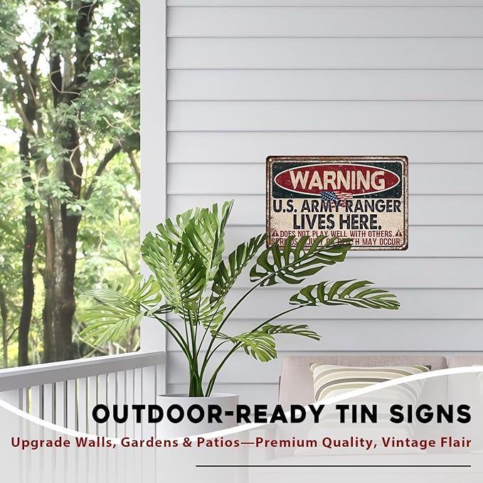 Warning US Army Ranger Vintage Tin Sign Great Patriotic Home Decor and Private Property Metal Sign for American Flag Home and Office Decor USA Army and Military 8x12inch