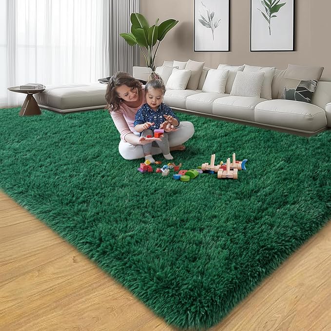 qulint 8x10 Area Rug for Living Room, Fluffy Green Rug for Bedroom Shag Shaggy Large Carpet for Classroom, Plush Fuzzy Modern Alfombra for Dorm Kid Room Playroom Home Decor (8ft x 10ft, Dark Green)
