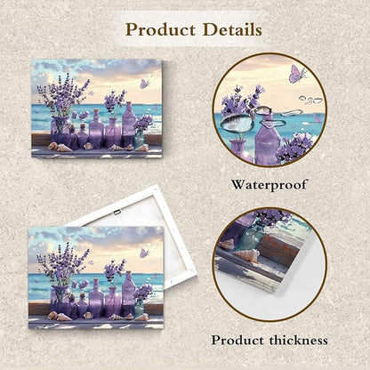 LB Ocean Purple Lavender Wall Art for Living Room Purple Flower in Vase with Butterfly Canvas Wall Art Blue Sky and White Cloud Wall Decor for Bedroom Bathroom Office Framed Ready to Hang 8L x 10W