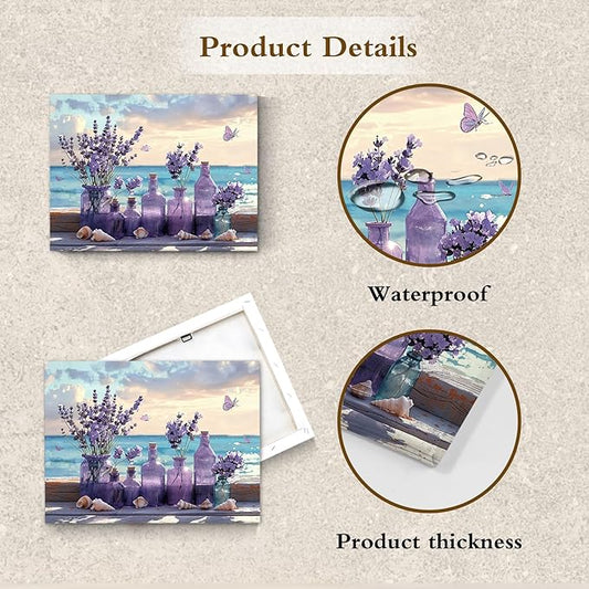 LB Ocean Purple Lavender Wall Art Purple Flower in Vase with Butterfly Canvas Wall Art Blue Sky and White Cloud Wall Decor for Living Room Bedroom Bathroom Office Framed Ready to Hang 12L x 16W