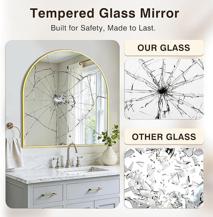 Vanity Bathroom Mirror for Wall, 32”x30” Arched Bathroom Mirror for Over Sink, Arched Metal Frame for Bedroom, Living Room, Entryway, Hanging or Leaning, Gold