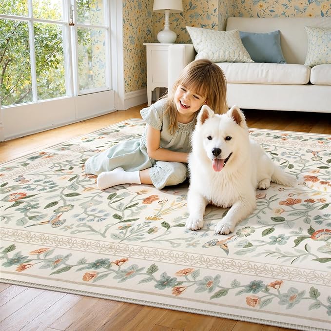 Lahome Floral Washable Area Rug 5x7, Vintage Non Slip Carpet for Living Room Bedroom, Low-Pile Soft Boho Rug for Kids Room Nursery, Machine Washable Home Decor, Beige