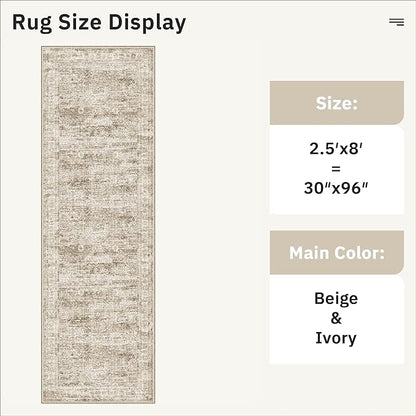 Soalmost Washable Runner Rug, 2'6" x 8' Non-Slip Kitchen Vintage Foldable Hallway Runners for Entryway, Laundry, Bedroom, Brown
