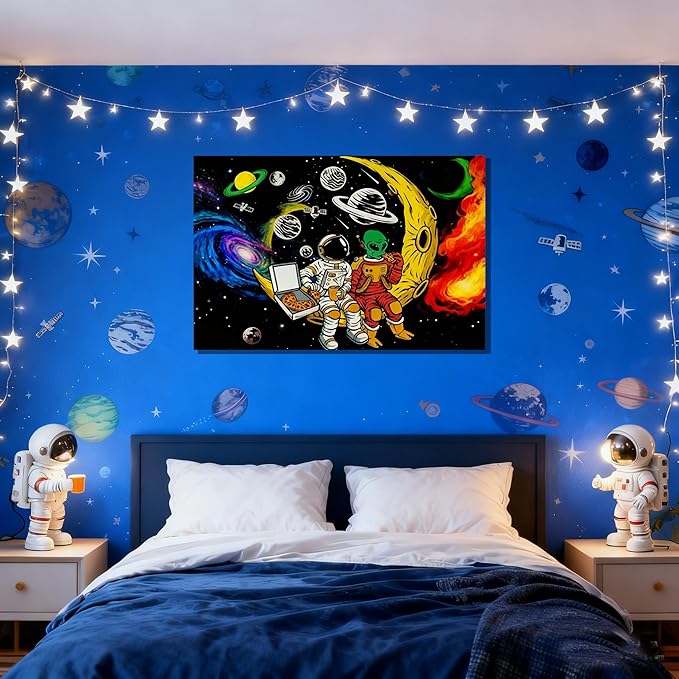 16x24 Space Astronaut Alien Pizza Party Canvas Wall Art Black Cosmic Prints Moon Planet Poster Home Framed Decor Kids Bedroom Fantasy Painting Teen Boy Room Funny Gift Picture Child Study Room Photo