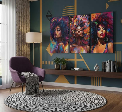 3Pcs African American Women Canvas Wall Art Colorful Graffiti Afro Girl Painting Modern Abstract Aesthetic Pictures Wall Decor Posters Print Artwork for Living Room Bedroom Home Decoration