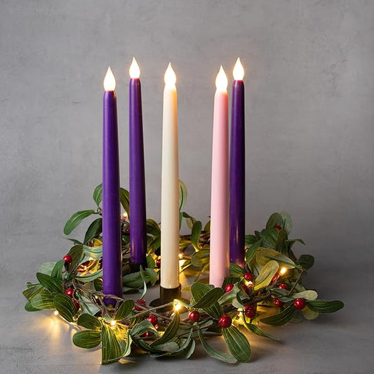 Rhytsing 10.8" Advent Flameless Taper Candles with Timer, Battery Operated Christmas Led Candlestick, Smooth Wax Finish, Warm White LED, Remote & Batteries Included - Set of 5