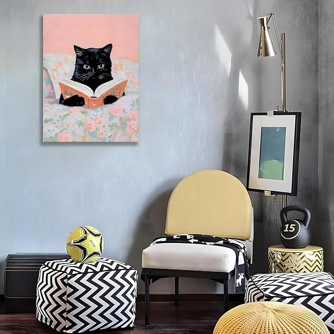 Framed Cats Canvas Wall Art, Funn Black Cat Reading Books Picture Wall Decor, Pink Vintage Animal Poster Prints for Girls Room Bedroom Kids Room Living Room Bathroom Decor 12x16 inch