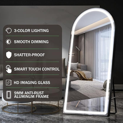 FENNIO Full Length Mirror with Lights, 70" x 32" LED Full Body Mirror, Free Standing Lighted Floor Mirror, Wall Mounted Hanging Mirror with Lights for Bedroom, Salon, Dimmable & 3 Color Lighting
